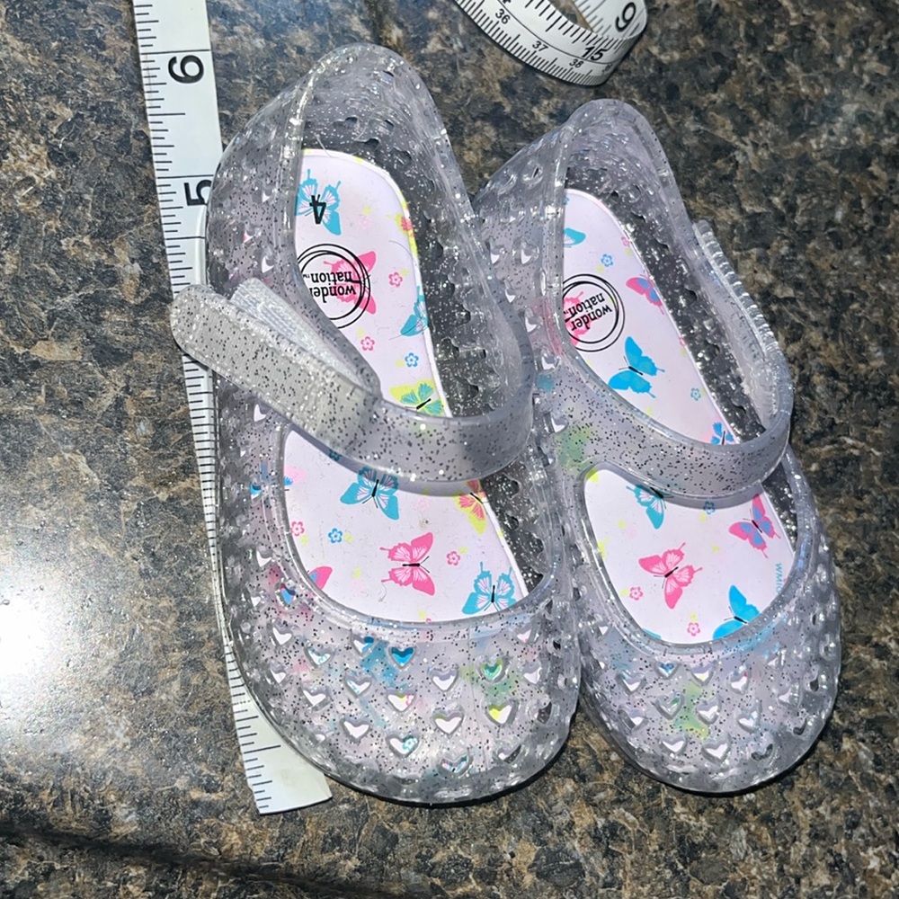 Jelly shoes, size 4 baby girl, clear, silver glitter